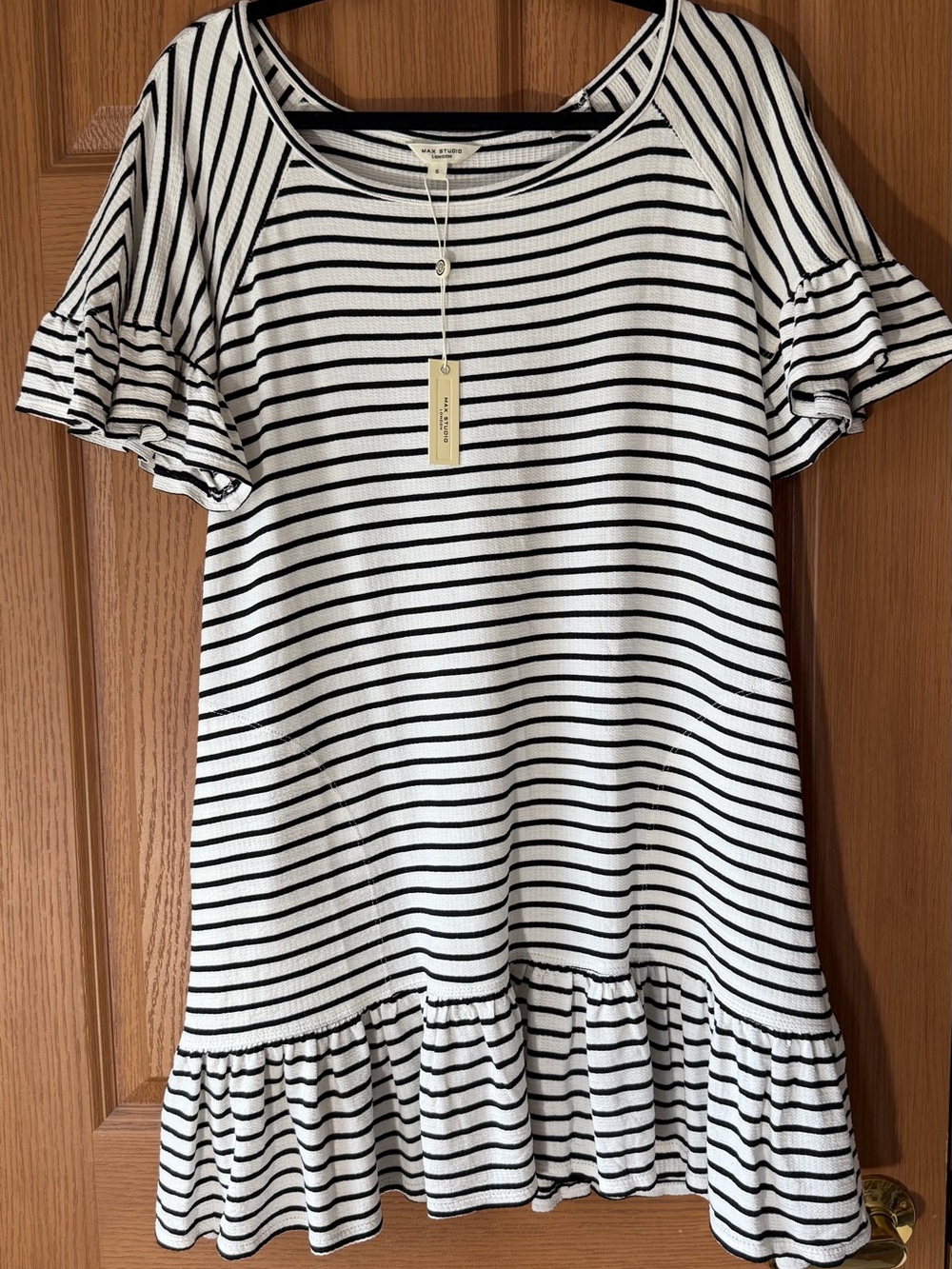 Max Studio London Black & White Striped Ruffle-Hem Midi Dress